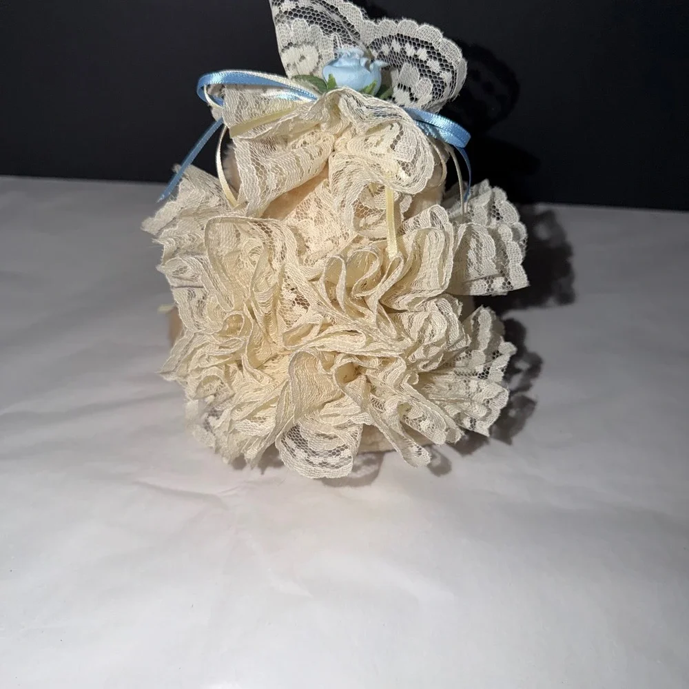 Vintage Teddy Bear Plush Cream Small Cream Lace Blue Ribbon Ruffle Victorian 6